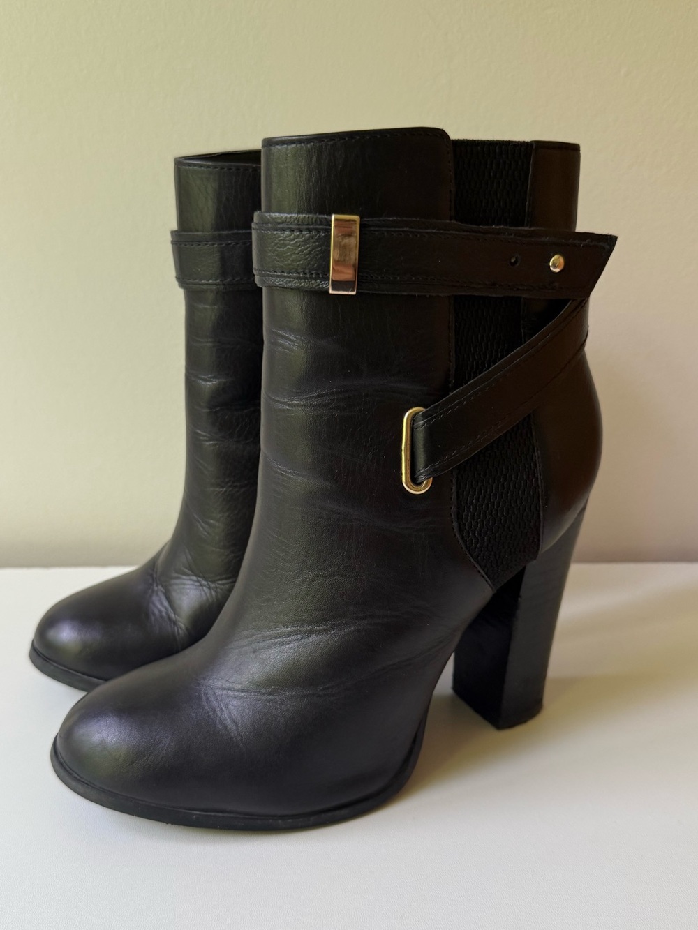 Aldo Black Leather Block-Heel Ankle Boots with Gold Accent